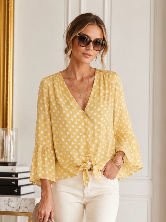 LC Lauren Conrad Tops - LC Lauren Conrad Yellow Polka Dot Tie Grace Kelly | Soft Girl | Emily in Paris M